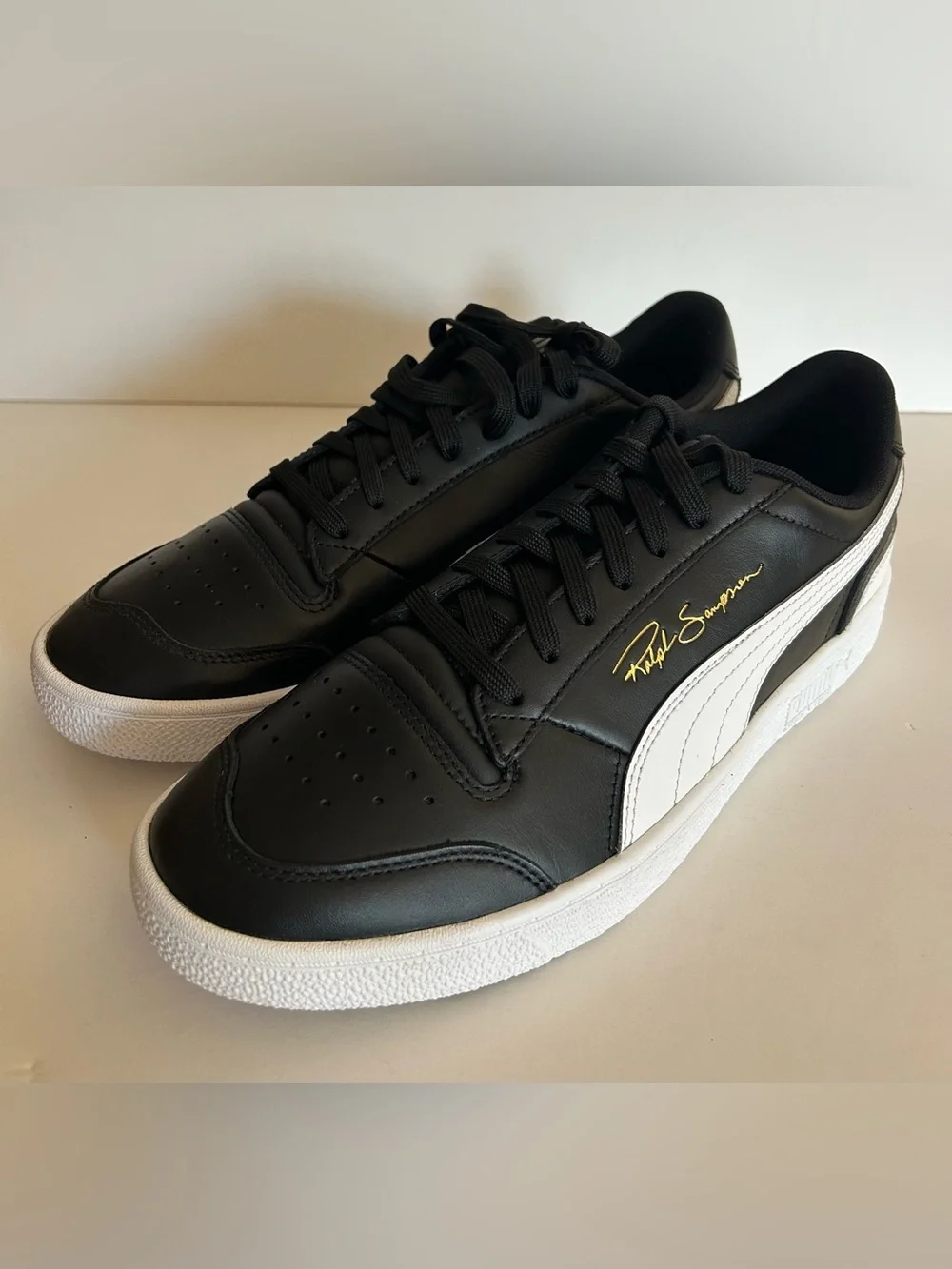 Puma Ralph Sampson Lo Black Leather Sneakers w/White Formstrip and Gold Script